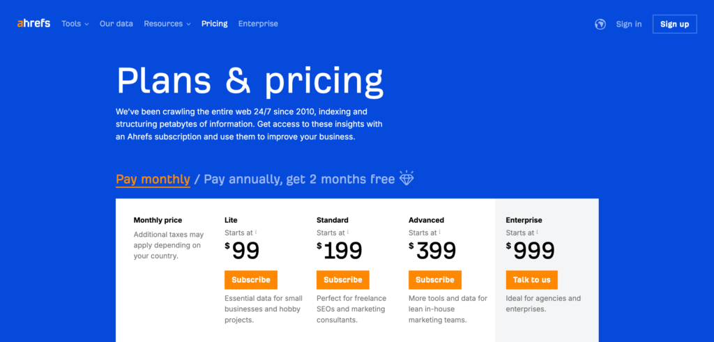 ahref pricing page